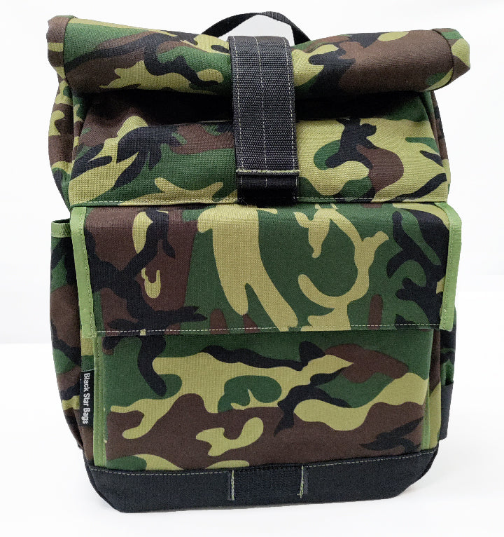 Woodland Camo Roll Top Backpack with white liner